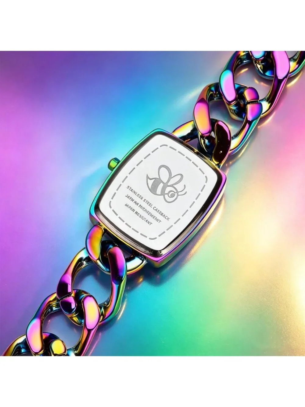 Women's Rainbow Metal Chain Bracelet Small Wrist Square Face Analog Watch